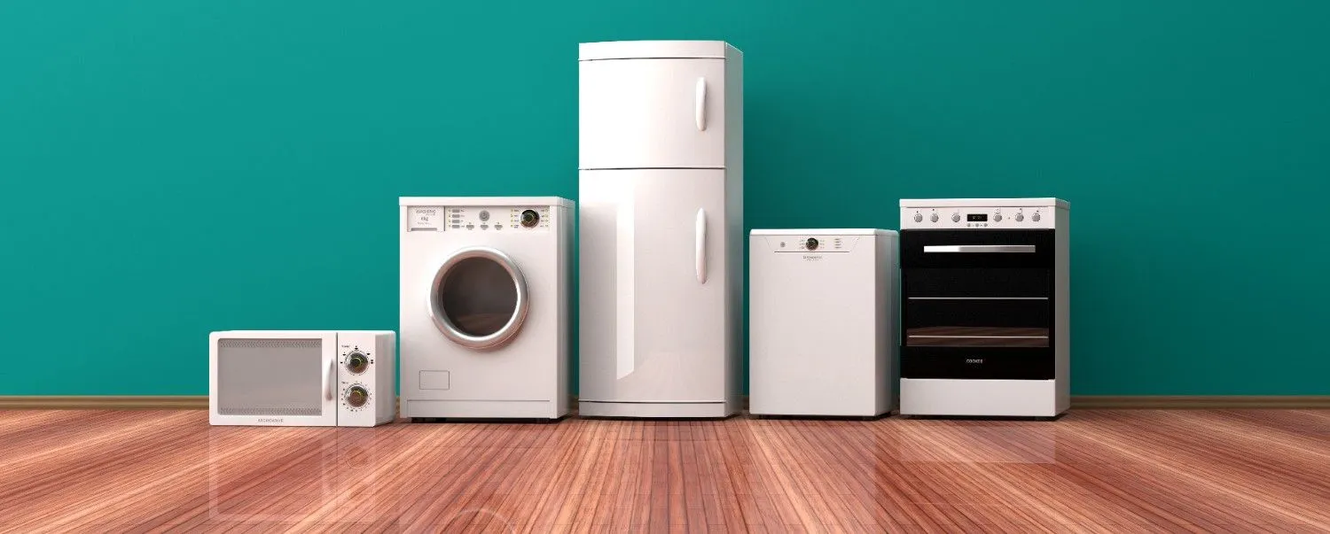 Microwave, washing machine, refrigerator, dishwasher and oven in a row